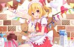  6u_(eternal_land) apron blonde_hair blush bow cake chocolate cropped fang flandre_scarlet food headdress heart ponytail red_eyes scan short_hair skirt teddy_bear touhou valentine vampire wings wristwear 