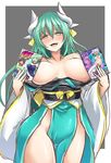  blush bow breasts cleavage doujinshi fate/grand_order fate_(series) green_hair hair_bow horns japanese_clothes kimono kirisaki_byakko kiyohime_(fate/grand_order) kiyohime_(swimsuit_lancer)_(fate) lamia large_breasts long_hair looking_at_viewer manga_(object) monster_girl no_panties open_mouth scales smile solo swimsuit yellow_eyes 