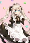  apron artist_name ayamy bangs black_dress blue_eyes blush brown_shirt closed_mouth cookie dress eyebrows_visible_through_hair fate/grand_order fate_(series) food frilled_apron frills hand_up highres juliet_sleeves long_hair long_sleeves looking_at_viewer macaron maid maid_apron maid_headdress marie_antoinette_(fate/grand_order) pink_background plaid plaid_shirt puffy_sleeves ribbon shirt sidelocks signature silver_hair simple_background skirt skirt_lift smile solo sweets tareme twintails very_long_hair wrist_cuffs 