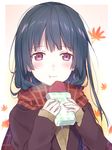  autumn_leaves black_hair coat commentary_request eating food highres holding kakizato long_hair looking_at_viewer original purple_eyes scarf solo sweet_potato 