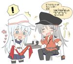  2girls =_= belt black_gloves black_legwear black_skirt blue_eyes blush commentary cowboy_shot embarrassed facial_scar flat_cap gangut_(kantai_collection) glass gloves grey_hair hat hibiki_(kantai_collection) highres hizuki_yayoi jacket_on_shoulders kantai_collection long_hair military military_uniform miniskirt multiple_girls pantyhose peaked_cap pleated_skirt red_shirt remodel_(kantai_collection) russian scar scar_on_cheek school_uniform serafuku shirt short_sleeves silver_hair simple_background skirt surprised table thighhighs translated uniform verniy_(kantai_collection) white_hair white_hat 