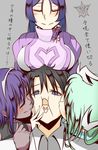  3girls absurdres aqua_hair black_hair blue_eyes blush bodysuit breast_rest breasts breasts_on_head closed_eyes command_spell dark_skin fate/grand_order fate/prototype fate/prototype:_fragments_of_blue_and_silver fate_(series) fujimaru_ritsuka_(male) girl_sandwich hassan_of_serenity_(fate) hetero highres kiss kiyohime_(fate/grand_order) large_breasts long_hair minamoto_no_raikou_(fate/grand_order) multiple_girls purple_hair sandwiched smile tetsu_(excalibur920) translated 
