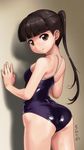  against_wall artist_name ass bangs black_hair blunt_bangs brown_eyes competition_school_swimsuit cowboy_shot from_behind long_hair looking_at_viewer one-piece_swimsuit original ponytail rohitsuka school_swimsuit shiny_swimsuit smile solo swimsuit wall 