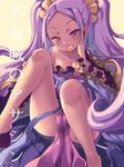  bare_shoulders bow breasts cameltoe chinese_clothes cleavage collarbone dress fang fate/grand_order fate_(series) forehead hanao_(kuma-tan_flash!) hand_on_own_face hanfu legs legs_up long_hair naughty_face off_shoulder open_clothes open_mouth pelvic_curtain purple_dress purple_eyes purple_hair ribbon sash scrunchie sitting small_breasts smile solo spread_legs strapless strapless_dress twintails very_long_hair wu_zetian_(fate/grand_order) 
