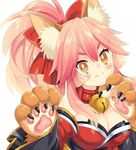  @_@ animal_ears bell bell_collar blush_stickers breasts cleavage collar commentary_request fang fate/grand_order fate_(series) fox_ears hair_ribbon highres large_breasts long_hair looking_at_viewer paws pink_hair ribbon simple_background solo tamamo_(fate)_(all) tamamo_cat_(fate) toko_yoshi white_background yellow_eyes 