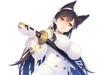  animal_ears atago_(azur_lane) azur_lane bangs black_hair breasts brown_eyes dutch_angle extra_ears eyebrows_visible_through_hair gloves highres holding holding_weapon katana kibanda_gohan large_breasts long_hair long_sleeves looking_at_viewer looking_down military military_uniform simple_background solo sword uniform upper_body weapon white_background white_gloves 