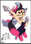  ;d aori_(splatoon) arm_up armpits black_hair breasts cleavage domino_mask dress eyebrows fangs gloves hair_ornament mask mole mole_under_eye one_eye_closed open_mouth pantyhose pink_legwear short_eyebrows simple_background sleeveless sleeveless_dress small_breasts smile solo splatoon_(series) splatoon_1 strapless strapless_dress tentacle_hair white_background yellow_eyes 