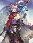  ahoge androgynous belt black_pants brown_eyes brown_gloves cape dagger gloves granblue_fantasy grey_cape grey_hair hair_between_eyes holding holding_staff johann_(granblue_fantasy) long_hair long_sleeves looking_to_the_side low_ponytail open_mouth orb pants sebychu sheath silver_hair smile staff standing star_(sky) weapon 