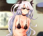  arms_behind_back azur_lane bangs bikini black_bikini black_bow black_choker blurry bow breasts choker cleavage collarbone covered_nipples deal_with_it depth_of_field grin hair_between_eyes hair_bow hair_flaps highlights large_breasts long_hair mole mole_on_breast multicolored_hair navel parted_lips prinz_eugen_(azur_lane) red_hair silver_hair smile solo sukemyon sunglasses swimsuit takuya_(acceed) teeth two_side_up upper_body 