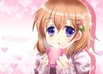  :o blue_eyes character_name coffee_mug cup drop_shadow eyebrows_visible_through_hair floral_print flower gochuumon_wa_usagi_desu_ka? gradient gradient_background hair_flower hair_ornament heart heart_background hoto_cocoa looking_at_viewer mug pink_background red_hair shadow short_hair sleeves_past_wrists solo sparkle steam sweater tsukiori_sasa upper_body 