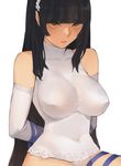  absurdres bangs black_hair blue_ribbon blunt_bangs breasts brown_eyes collarbone commentary_request covered_nipples elbow_gloves girls_frontline gloves hairband highres large_breasts long_hair navel parted_lips qbz-95_(girls_frontline) ribbon sidelocks simple_background solo sungwon turtleneck white_background white_gloves 