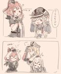  2koma 3girls :d adjusting_clothes adjusting_hat ainu_clothes anger_vein bare_shoulders bismarck_(kantai_collection) black_dress black_neckwear blonde_hair blush breast_pocket breasts brown_hair cleavage closed_eyes comic commentary cropped_jacket detached_sleeves dress eyebrows_visible_through_hair folded_ponytail gloves hair_between_eyes hand_on_another's_head hands_on_own_head hands_together hat heart itomugi-kun kamoi_(kantai_collection) kantai_collection large_breasts long_hair long_sleeves military military_hat military_uniform multiple_girls neckerchief open_mouth peaked_cap pocket ponytail remodel_(kantai_collection) saratoga_(kantai_collection) sash short_sleeves side_ponytail sidelocks sleeveless sleeveless_dress smile thick_eyebrows translated uniform white_dress white_hair 