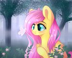  2017 arthropod blush butterfly equine eyebrows eyelashes feathered_wings feathers female flower fluttershy_(mlp) fog forest friendship_is_magic grass hair insect leaves long_hair mammal mitralexa_(alexandra) my_little_pony nature open_mouth outside pegasus pink_hair plant solo solo_focus teal_eyes tree wings 