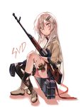  bangs blush boots character_name closed_mouth dragunov_svd eyebrows_visible_through_hair from_side full_body girls_frontline grey_eyes gun gun_case hair_between_eyes hair_ornament hairclip highres holster kneehighs long_hair looking_at_viewer rifle shadow shan silver_eyes silver_hair simple_background single_kneehigh single_thighhigh sleeves_past_elbows sniper_rifle solo svd_(girls_frontline) thigh_holster thigh_strap thighhighs torn_clothes torn_legwear very_long_hair weapon white_background 