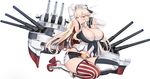  absurdres adjusting_hair american_flag_legwear armpits arms_up blonde_hair blue_eyes breasts chiyo_goya cleavage collarbone commentary detached_sleeves garter_straps headgear high_heels highres huge_breasts iowa_(kantai_collection) kantai_collection long_hair looking_at_viewer machinery miniskirt mismatched_legwear navel rudder_shoes simple_background sitting skirt smile solo turret wariza white_background 