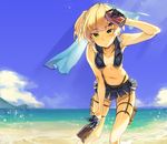  adapted_costume arm_up bangs beach bikini_skirt black_gloves blue_skirt blue_sky blunt_bangs blush breasts can cloud coca-cola day girls_frontline gloves half_gloves holding holding_can leaning_forward light_rays navel olys outdoors short_hair sidelocks skirt sky small_breasts soda_can solo sunbeam sunlight suspenders thigh_strap tsurime twintails two_side_up welrod_mk2_(girls_frontline) 