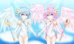  absurdres bare_shoulders blue_eyes blue_hair cloud cloudy_sky cosplay elbow_gloves feathered_wings flower four_goddesses_online:_cyber_dimension_neptune gloves hair_flower hair_ornament halo heart highres holding holding_staff jewelry long_hair looking_at_viewer multiple_girls neptune_(series) pink_hair power_symbol ram_(choujigen_game_neptune) red_eyes rhapsofree rom_(choujigen_game_neptune) siblings sisters sky smile staff symbol-shaped_pupils twins white_gloves white_heart white_heart_(cosplay) white_legwear white_sister_ram white_sister_rom wings 