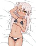  arm_behind_head arm_up bare_arms bare_shoulders bed_sheet bikini black_bikini black_bra black_panties blush body_blush bra breasts chloe_von_einzbern closed_mouth collarbone cowboy_shot dark_skin eyebrows_visible_through_hair fate/kaleid_liner_prisma_illya fate_(series) flat_chest from_above groin highres long_hair looking_at_viewer lying maid_bikini navel nose_blush on_back panties pink_hair side_ponytail sketch small_breasts solo stomach swimsuit tareme thigh_gap thighs underwear underwear_only yakihebi yellow_eyes 