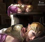  1girl angry artist_name blonde_hair blue_eyes breast_press clothed_female_nude_male crate deviantart_username elbow_gloves firolian gloves gumroad_username highres imminent_rape indoors lips long_hair looking_back nude patreon_username pointy_ears princess_zelda restrained shoulder_armor spaulders the_legend_of_zelda 