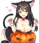  animal_ears bare_shoulders bell black_hair bow breast_rest breasts brown_eyes cat_ears cat_tail choker claw_pose commentary dress eyebrows_visible_through_hair fake_animal_ears fake_tail halloween heart ichihaya jingle_bell large_breasts leaning_forward long_hair looking_at_viewer open_mouth original pumpkin red_choker simple_background smile solo strapless strapless_dress tail thighhighs white_background wrist_cuffs 