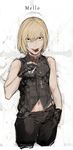  absurdres bare_shoulders black_gloves black_pants blonde_hair chocolate chocolate_bar cropped_legs cross cross_necklace death_note eating gloves hand_in_pocket highres hiranko jewelry long_hair looking_at_viewer male_focus mello mouth_hold navel necklace pants smile solo vest 