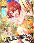  autumn blush card_(medium) character_name green_eyes hose idolmaster idolmaster_cinderella_girls murakami_tomoe red_hair short_hair smile stars towel water wink 