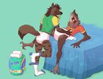  anthro avian bed bird blush bottomless brown_feathers brown_fur clothed clothing colt3n diaper feathers fur furgonomics hyena infantilism legwear male male/male mammal pacifier simple_background socks 