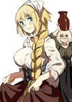  alternate_costume bangs blonde_hair blouse blue_eyes blush braid breasts brown_skirt closed_mouth eyebrows_visible_through_hair fate/grand_order fate_(series) green_blouse hair_between_eyes hair_over_shoulder hands_up head_scarf high-waist_skirt highres jeanne_d'arc_(alter)_(fate) jeanne_d'arc_(fate) jeanne_d'arc_(fate)_(all) jitome large_breasts long_hair long_skirt long_sleeves looking_at_viewer medieval multiple_girls nanaya_(daaijianglin) short_hair signature simple_background single_braid skirt skirt_hold smile underbust urn very_long_hair white_background white_blouse yellow_eyes 