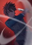  attacking_viewer bangs blue_jacket brown_eyes brown_hair closed_mouth dutch_angle hair_between_eyes holding holding_knife jacket knife long_sleeves looking_at_viewer male_focus melty_blood nanaya_(daaijianglin) nanaya_shiki one_eye_closed red_background slashing smile solo standing tsukihime 