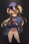  bangs blazer blonde_hair blue_eyes blush cropped_legs eyebrows_visible_through_hair girls_frontline hat jacket lifted_by_self long_hair long_sleeves necktie olys open_blazer open_clothes open_jacket panties parted_lips peaked_cap pleated_skirt police police_hat police_uniform red_neckwear rigging skirt skirt_lift solo super_shorty_(girls_frontline) sweater thigh_strap twitter_username two_side_up underwear uniform wavy_mouth white_panties 