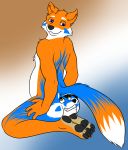  ambiguous_gender anthro azurathefox buttface canine duo facial_markings fox fur gradient_background happy looking_back looking_down looking_up mammal markings menagerie merging multicolored_fur multicolored_tail orange_fur pawpads simple_background smile transformation where_is_your_god_now white_fur why 