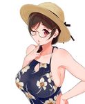  akizono_kanna bare_shoulders braid breasts brown_hair commentary_request dress eyebrows_visible_through_hair finger_to_chin floral_print glasses halter_dress halterneck hat large_breasts long_hair mole mole_under_mouth one_eye_closed red_eyes sasamori_tomoe semi-rimless_eyewear simple_background straw_hat succubus_stayed_life upper_body white_background 