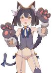  absurdres animal_ear_fluff animal_ears arms_up bare_shoulders bell black_hair blush brown_eyes cat_ears cat_tail cirnocchi collaboration contrapposto coupon_(skyth) cowboy_shot detached_collar fate/kaleid_liner_prisma_illya fate_(series) garter_straps gloves grey_legwear hair_ribbon highres jingle_bell kemonomimi_mode midriff miyu_edelfelt navel open_mouth panties paw_gloves paws ribbon short_twintails sidelocks simple_background solo standing tail tail_ribbon thighhighs tim_loechner twintails underwear vest white_background 