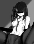  absurdres bangs blindfold blush breasts dress_shirt eyebrows_visible_through_hair girls_frontline greyscale groin highres long_hair mapyarong medium_breasts monochrome navel necktie nipples one_side_up open_clothes open_shirt pantyhose parted_lips shirt solo spread_legs tears thighband_pantyhose thighs very_long_hair wa2000_(girls_frontline) 