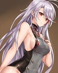  ahoge antenna_hair azur_lane bangs bare_arms blush breasts brown_background brown_eyes brown_hair closed_mouth commentary_request dutch_angle eyebrows_visible_through_hair gradient gradient_background grey_leotard hair_down hand_on_own_chest highlights index_finger_raised iron_cross ks leotard long_hair looking_at_viewer medium_breasts mole mole_on_breast multicolored_hair prinz_eugen_(azur_lane) shiny shiny_clothes sideboob sidelocks silver_hair solo swept_bangs tsurime upper_body 