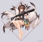  absurdres animal_ears bangs bare_legs barefoot blue_fire brown_eyes brown_hair chinese_clothes closed_mouth detached_sleeves fire fox_ears fox_tail full_body girls_frontline gun highres holding holding_gun holding_weapon jewelry kitsune legs_together light_smile magpul multiple_tails obi sash sidelocks skull sleeveless smile solo submachine_gun tail tsurime type_79_(girls_frontline) type_79_smg vectorek vertical_foregrip weapon 