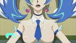  1girl blue_angel blue_hair breats earrings edit feathered_wings heart heart_earrings highres jewelry long_hair multicolored_hair nipples nude_filter photoshop purple_eyes solo streaked_hair white_wings wings yu-gi-oh! yuu-gi-ou_vrains zaizen_aoi 