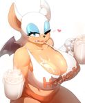  &lt;3 bat big_breasts blue_eyes breasts cleavage clothed clothing cum cum_in_a_cup cum_on_breasts donaught female hooters huge_breasts looking_at_viewer mammal rouge_the_bat shirt solo sonic_(series) tank_top tongue tongue_out voluptuous wings 