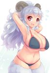  2015 animal_humanoid blush bra breasts clothed clothing dunceneygak female grey_hair hair horn humanoid looking_at_viewer navel open_mouth panties red_eyes sheep_humanoid simple_background solo standing underwear white_background wool 