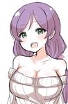  :d bangs bare_shoulders blush breasts cleavage commentary_request dress eyebrows_visible_through_hair green_eyes head_tilt large_breasts long_hair looking_at_viewer love_live! love_live!_school_idol_project low_twintails malice_stella no_bra open_mouth purple_hair simple_background smile solo sweater sweater_dress toujou_nozomi twintails upper_body white_background white_sweater 