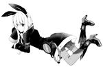  ai-san_(ikeuchi_tanuma) animal_ears arm_belt bangs blunt_bangs boots chin_rest commentary dress eyebrows_visible_through_hair from_side full_body greyscale high_heel_boots high_heels ikeuchi_tanuma long_hair long_sleeves looking_at_viewer lying mechanical_ears monochrome on_stomach original pantyhose simple_background sleeves_past_wrists solo white_background 