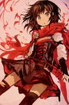  absurdres belt black_dress black_hair cape corset crescent_rose dress highres kaamin_(mariarose753) multicolored_hair petals red_cape red_hair rose_petals ruby_rose rwby short_hair silver_eyes solo two-tone_hair 