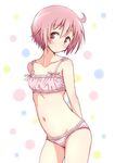  arms_behind_back blush bra breasts closed_mouth collarbone contrapposto cowboy_shot eyebrows_visible_through_hair mel_(melty_pot) multicolored multicolored_polka_dots navel nonohara_yuzuko panties pink_bra pink_eyes pink_hair pink_panties polka_dot polka_dot_background short_hair simple_background small_breasts solo standing underwear underwear_only yuyushiki 