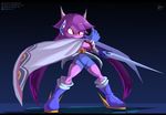  aquatic_dragon bodysuit boots cape clothing dragon footwear freedom_planet freedom_planet_2 gloves hair horn long_hair melee_weapon pedrovin purple_body purple_hair red_eyes sash_lilac simple_background skinsuit sword tight_clothing video_games weapon 