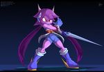  aquatic_dragon bodysuit boots clothing dragon footwear freedom_planet freedom_planet_2 gloves hair horn long_hair melee_weapon pedrovin purple_body purple_hair red_eyes sash_lilac simple_background skinsuit sword tight_clothing video_games weapon 
