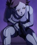  1girl body_suit brown_hair gun hair_clip holding_gun juuni_taisen kiyoko_(juuni_taisen) kneeling kneeling_on_one_leg open_mouth red_eyes screencap short_hair stitched sweat tight_clothing 