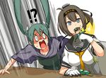  2girls aircraft airplane akizuki_(kantai_collection) arrow blue_eyes breasts brown_hair clothes_writing commentary corset eating eyebrows_visible_through_hair gloves green_hair grey_eyes hachimaki hair_between_eyes hair_ribbon headband headgear japanese_clothes kantai_collection kenji_(8zidayo) kimono large_breasts long_hair motion_lines multiple_girls muneate neckerchief open_mouth pale_face ponytail propeller purple_kimono ribbon school_uniform serafuku shaded_face short_sleeves sparkle sweatdrop table translated twintails upper_body wavy_mouth white_gloves white_ribbon yellow_eyes yellow_neckwear zuikaku_(kantai_collection) 