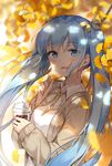  aqua_eyes aqua_hair autumn autumn_leaves bangs blush bow branch breasts cardigan casual coffee_cup collared_shirt cup dappled_sunlight day disposable_cup eyebrows_visible_through_hair hair_between_eyes hair_bow happy hatsune_miku highres holding holding_cup leaf leaves_in_wind long_hair looking_at_viewer mamemena medium_breasts open_mouth outdoors petals shade shirt smile solo standing sunlight tree_branch tree_shade twintails upper_body very_long_hair vocaloid white_shirt yellow_neckwear 