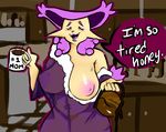  2017 anthro beverage big_breasts breasts coffee delcatty digital_media_(artwork) feline female fur kitchen mammal milfcatty_(mortal_chocolate) mortal_chocolate mother nintendo nipples parent pok&eacute;mon pok&eacute;mon_(species) smile solo teeth text tired video_games 