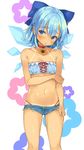  alternate_costume bandeau bare_arms bare_shoulders blue_eyes blue_hair blue_wings blush bow brown_choker choker cirno collarbone commentary_request cowboy_shot cutoffs denim denim_shorts flower hair_between_eyes hair_bow highres ice ice_wings looking_at_viewer mirei navel short_shorts shorts solo stomach sunflower tan tanline tanned_cirno touhou white_background wings 